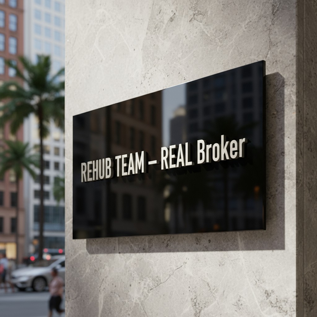 An "Rehub Team - Real Broker" sign appears on a concrete building accompanied by smudged buildings, a passerby, and a palm...